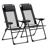 Outsunny Folding Patio Chairs Set of 2, Outdoor Deck Chair with Adjustable Sling Back, Camping Chair with Removable Headrest for Garden, Backyard, Lawn, Black W2225P200724