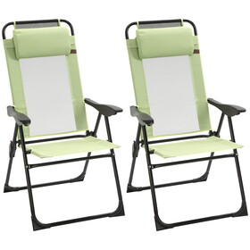 Outsunny Folding Patio Chairs Set of 2, Outdoor Deck Chair with Adjustable Sling Back, Camping Chair with Removable Headrest for Garden, Backyard, Lawn, Green W2225P200725