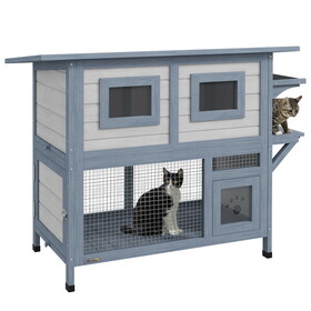 PawHut Outdoor Cat House, 2 Tier Weatherproof Feral Cat Shelter with Escape Door, asphalt Roof, Jump Platform, Large Wooden Cat House for Outside, Backyard, Light Gray W2225P200727