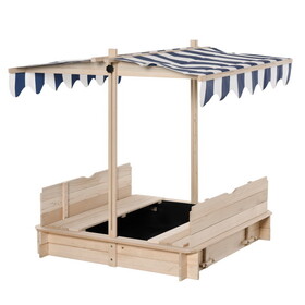 Outsunny Wooden Kids Sandbox with Cover, Children Outdoor Sand Box with Foldable Bench Seats, Adjustable Canopy, Bottom Liner for Outdoor, Natural W2225P200739