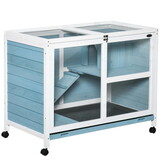PawHut Indoor Rabbit Hutch with Wheels, Desk and Side Table Sized, Wood Rabbit Cage, Waterproof Small Rabbit Cage, Light Blue W2225P200743