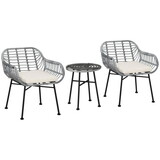 Outsunny 3 Piece Patio Set, Outdoor Bistro Furniture, PE Rattan Wicker Table and Chairs, Cushioned, Hand Woven, Modern Look with Tempered Glass for Garden, Porch, Pool, Backyard, Cream White