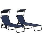 Outsunny Folding Chaise Lounge Pool Chairs, Outdoor Sun Tanning Chairs with Canopy Shade, Reclining Back, Steel Frame and Side Pocket for Beach, Yard, Patio, Dark Blue W2225P200746