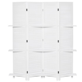 HOMCOM 4 Panel 67" Tall Wood Privacy Screen Room Divider with 3 Display Shelves, and Folding Storage for Bedroom or Home Office, White W2225P200779