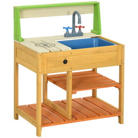 Outsunny Mud Kitchen Outdoor Kitchen Playset for Kids Wooden with Realistic Play Kitchen Toys, Faucet and Sink, Storage Shelves, Gift for Girls and Boys Aged 3-8 Years Old W2225P200780