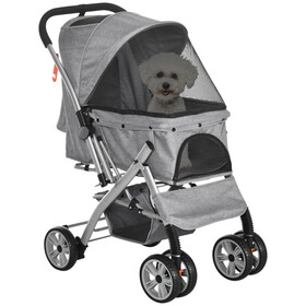 PawHut Travel Pet Stroller for Dogs, Cats, One-Click Fold Jogger Pushchair with Swivel Wheels, Braket, Basket Storage, Safety Belts, Adjustable Canopy, Zippered Mesh Window Door, Grey W2225P200801