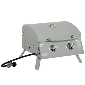 Outsunny 2 Burner Propane Gas Grill Outdoor Portable Tabletop BBQ with Foldable Legs, Lid, Thermometer for Camping, Picnic, Backyard, Light Grey W2225P200825