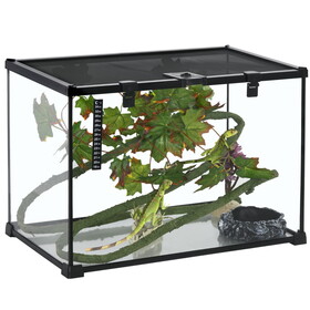 PawHut 14 Gallon Reptile Glass Terrarium Tank with Decor Kit, Breeding Box Full View with Visually Appealing Sliding Screen Top for Lizards, Frogs, Snakes, Spiders, 20" x 12" x 14", Black