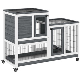 PawHut Wooden Rabbit Hutch Elevated Bunny Cage Indoor Small Animal Habitat with Enclosed Run with Wheels, Ramp, Removable Tray Ideal for Guinea Pigs, Grey W2225P200855