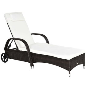 Outsunny Wicker Outdoor Chaise Lounge, 5-Level Adjustable Backrest PE Rattan Pool Lounge Chair with Wheels, Cushion & Headrest, Brown and Cream White W2225P200866
