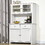 HOMCOM 63.5" Kitchen Buffet with Hutch, Pantry Storage Cabinet with 4 Shelves, Drawers, Framed Glass Doors, Open Microwave Countertop, Antique White W2225P200883