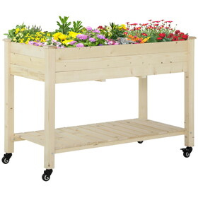 Outsunny Raised Garden Bed, 47" x 22" x 33", Elevated Wooden Planter Box w/ Lockable Wheels, Storage Shelf, and Bed Liner for Backyard, Patio, Natural W2225P200902