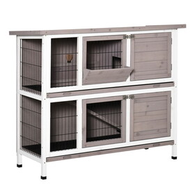 PawHut Indoor or Outdoor Rabbit Hutch with Quick on-the-go Feeding, Wood Rabbit Cage, Long Hopping Distance, Medium Rabbit Hutch, 4 Door, No Leak Tray, Grey Brown W2225P200909