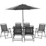 Outsunny 8 Piece Patio Dining Set with Table Umbrella, 6 Folding Chairs and Rectangle Dining Table, Outdoor Patio Furniture Set, Black W2225P200931