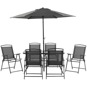 Outsunny 8 Piece Patio Dining Set with Table Umbrella, 6 Folding Chairs and Rectangle Dining Table, Outdoor Patio Furniture Set, Black W2225P200931