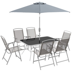 Outsunny 8 Piece Patio Dining Set with Table Umbrella, 6 Folding Chairs and Rectangle Dining Table, Outdoor Patio Furniture Set, Gray W2225P200932