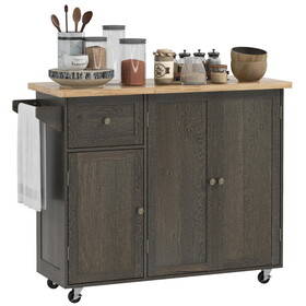 HOMCOM Triple-Cabinet Rolling Kitchen Island on Wheels, Kitchen Cart with Storage Shelf Adjustment, Rolling Utility Cart with Wood Top, Towel Rack, Big Drawer, Distressed Brown W2225P200933