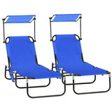 Outsunny Folding Chaise Lounge Pool Chairs, Outdoor Sun Tanning Chairs with Canopy Shade, Reclining Back, Steel Frame and Side Pocket for Beach, Yard, Patio, Blue W2225P200945