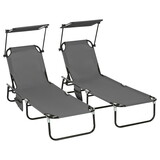 Outsunny Folding Chaise Lounge Pool Chairs, Outdoor Sun Tanning Chairs with Canopy Shade, Reclining Back, Steel Frame and Side Pocket for Beach, Yard, Patio, Dark Gray W2225P200946