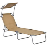 Outsunny Outdoor Lounge Chair, Adjustable Folding Chaise Lounge, Tanning Chair with Sun Shade for Beach, Camping, Hiking, Backyard, Tan W2225P200947