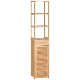 kleankin Tall Bathroom Cabinet with Drawer and Slatted Shelves, Slim Bamboo Linen Tower with Louvered Door, Natural W2225P216998