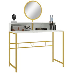 HOMCOM Modern Vanity Makeup Desk with Mirror, Dressing Table with Open Storage, Faux Marble Finish and Steel Frame for Bedroom, White and Gold W2225P217016