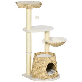 PawHut 47" Cat Tree Kitty Activity Center, Cat Climbing Toy with Cattail Fluff, Bed, Condo, Sisal Scratching Post, and Hanging Ball, Natural W2225P217053