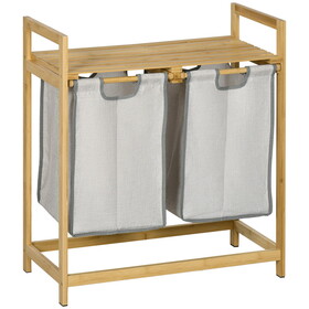 HOMCOM Double Laundry Hamper 2 Section Bamboo Laundry Basket with Storage Shelf 2 Pull-Out and Removable Bags for Bedroom Bathroom Laundry Room 2 x 10.7 Gallons Natural Wood and Dark Gray W2225P217083