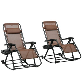 Outsunny Set of 2 Outdoor Rocking Chairs, Foldable Reclining Zero Gravity Lounge Rocker with Pillow, Cup & Phone Holder, Combo Design with Folding Legs, Brown W2225P217092