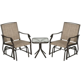 Outsunny 3 Piece Outdoor Glider Chair with Coffee Table Bistro Set, 2 Patio Rocking Swing Chairs with Breathable Sling Fabric, Glass Tabletop, for Backyard, Garden and Porch, Mixed Brown W2225P217095