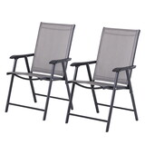 Outsunny Set of 2 Patio Folding Chairs, Stackable Outdoor Sling Patio Dining Chairs with Armrests for Lawn, Camping, Dining, Beach, Metal Frame, No assembly, Gray W2225P217110