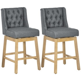 HOMCOM Bar Height Bar Stools Set of 2, 180 Degree Swivel Barstools, 30" Seat Height Bar Chairs with Solid Wood Footrests and Button Tufted Design, Gray W2225P217138