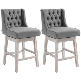 HOMCOM Counter Height Bar Stools Set of 2, 180 Degree Swivel Barstools, 27" Seat Height Bar Chairs with Solid Wood Footrests and Button Tufted Design, Gray W2225P217148