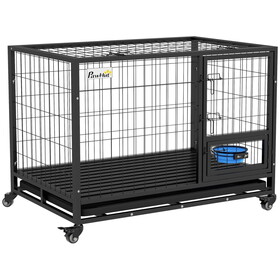 PawHut 43" Heavy Duty Dog Crate with Bowl Holder, Strong Steel Dog Crate with Wheels, Detachable Door, Openable Top and Removable Tray for Large and Extra Large Dogs, Black W2225P217150