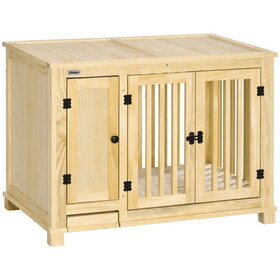 PawHut Wood Dog Crate Furniture with Hidden Food Bowl in Drawer, Dog Crate End Table with Cushion, Double Doors, for Small Dogs Indoor Use, Natural W2225P217152