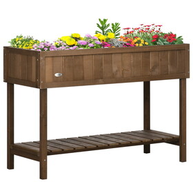 Outsunny 43x18x30in Raised Garden Bed with 8 Pockets and Shelf, Wooden Elevated Planter Box with Legs to Grow Herbs, Vegetables, and Flowers, Dark Brown W2225P217235