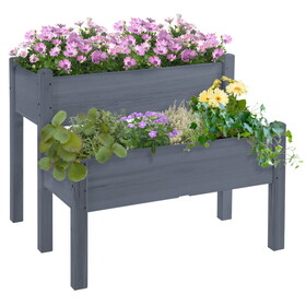 Outsunny 34"x34"x28" Raised Garden Bed, 2-Tier Elevated Wood Planter Box for Backyard, Patio to Grow Vegetables, Herbs, and Flowers, Gray W2225P217237