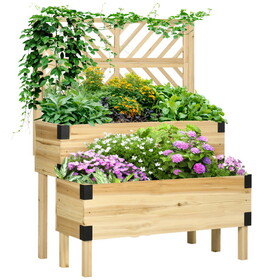 Outsunny Raised Garden Bed with Trellis, 2 Tier Wooden Elevated Planter Box with Legs and Metal Corners for Vegetables, Flowers, Herbs, Natural W2225P217247