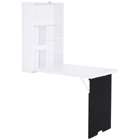 HOMCOM Wall Mounted Foldable Desk with a Blackboard, Fold Out Convertible Floating Desk with Shelves, White W2225P217265