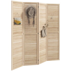 HOMCOM 4 Panel Room Divider, 5.6' Tall Indoor Portable Wood Folding Privacy Screen with Hook Holes, Hinged Freestanding Partition Wall Dividers for Home Office, Natural W2225P217281