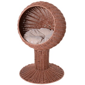 PawHut Elevated Cat Bed with Rotatable Egg Chair Pod, Cat Basket Bed with Thick Cushion, Natural Mat Grass Woven Kitty House, Brown W2225P217307