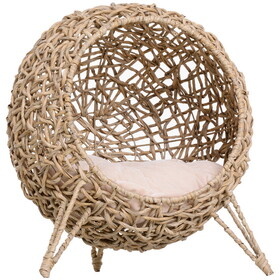 PawHut 20.5" Weaved Cat Bed, Elevated Hand-woven Braided Banana Leaf Kitten House Condo with Cushion, Beige W2225P217308