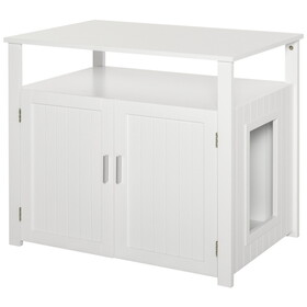 PawHut Wooden Cat Litter Box Enclosure Furniture with Adjustable Partition, Cat Washroom End Table with Open Shelf, White W2225P217310