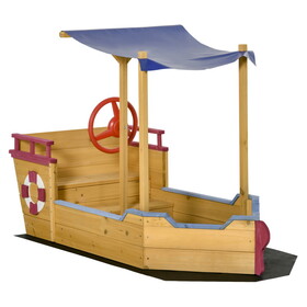 Outsunny Pirate Ship Sandbox with Cover and Rudder, Wooden Sandbox with Storage Bench and Seat, Outdoor Toy for Kids Ages 3-8 Years Old W2225P217334