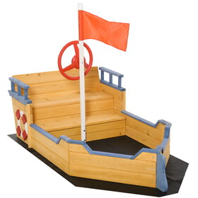 Outsunny Wooden Kids Pirate Sandbox, Outdoor Sandboat with Bench Seats, Storage, Non-Woven Fabric Cloth for Backyard, Lawn W2225P217337