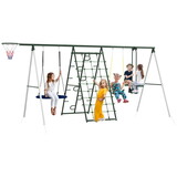 Outsunny 528 lbs Swing Set for Backyard, 5 in 1 Heavy-Duty A-Frame Stand Outdoor Playset for Kids, with Saucer Swing, Slide, Swing Seats, Glider, Basketball Hoop, Climbing Steps and Net W2225P217339