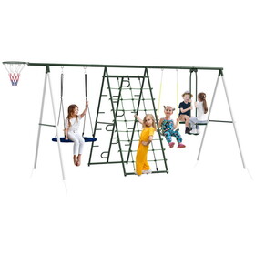 Outsunny 528 lbs Swing Set for Backyard, 5 in 1 Heavy-Duty A-Frame Stand Outdoor Playset for Kids, with Saucer Swing, Slide, Swing Seats, Glider, Basketball Hoop, Climbing Steps and Net W2225P217339