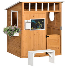 Outsunny Wooden Playhouse for Kids Outdoor with Working Door, Windows, Mailbox, Bench, Flowers Pot Holder, 48" x 42.5" x 53" W2225P217343