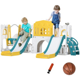 Qaba 8 in 1 Toddler Slide and Swing Set with 2 Slides, Baby Slide for Ages 1-3 with Basketball Hoop, Climber, Aisle, Steering Wheel, Storage Space, Telescope, Indoor Playground, Yellow W2225P217351