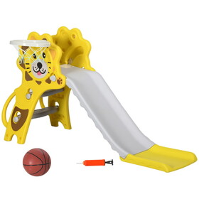 Qaba 2 in 1 Toddler Slide for Indoors, Toy for Toddler, Easy Set Up Baby Slide with Basketball Hoop for Kids 18-36 Months, Yellow W2225P217355